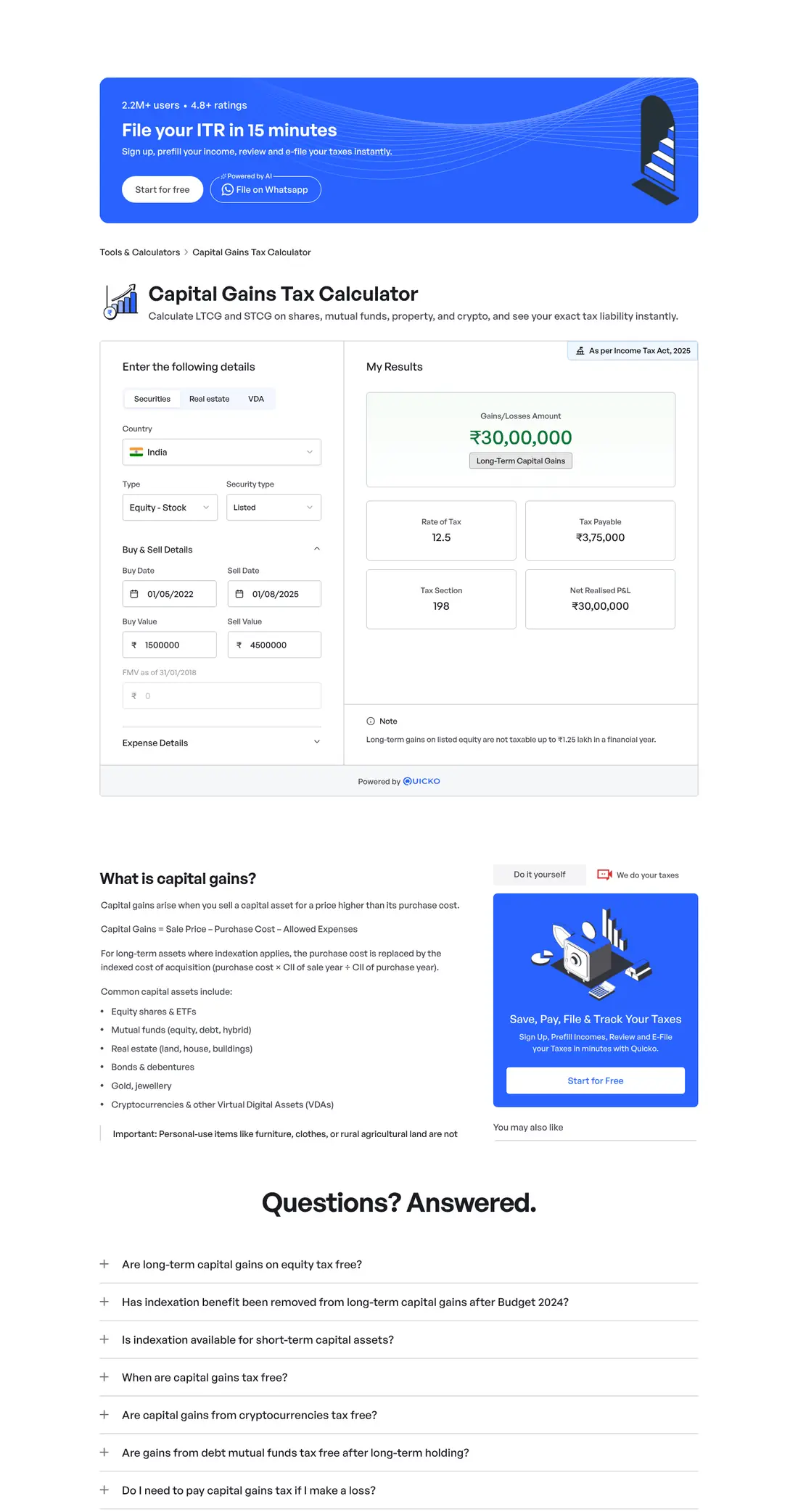Capital Gains Tax Calculator: full-page screenshot